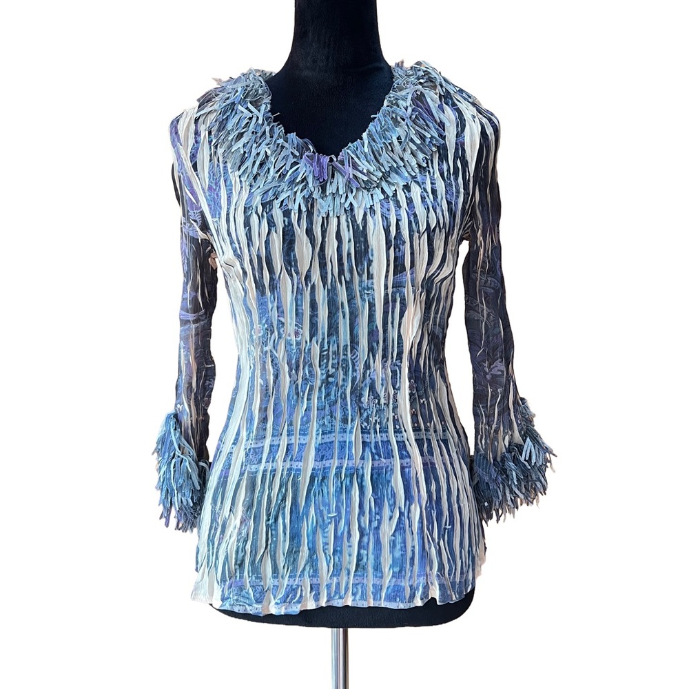 Vintage Y2K ruffle v neck Blue stretch‎ Women's Top